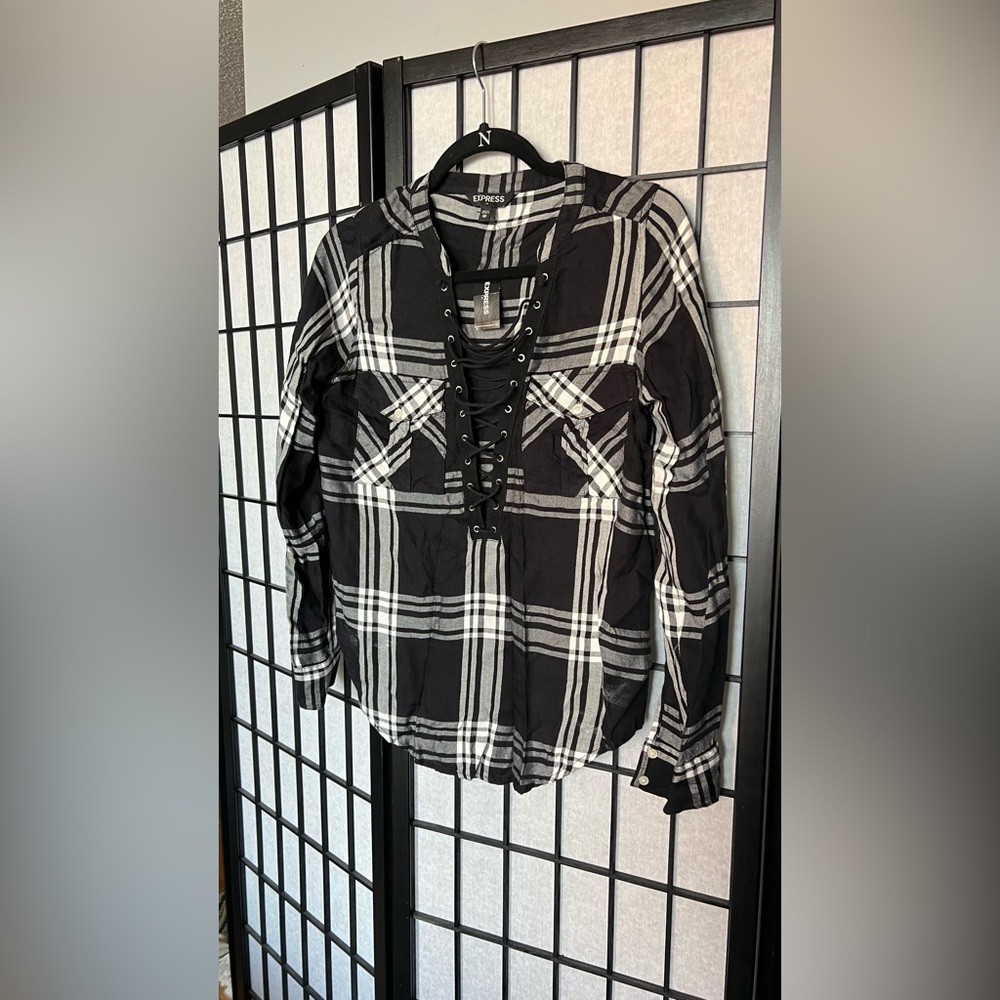 Express Cross Drawstring Plaid Top